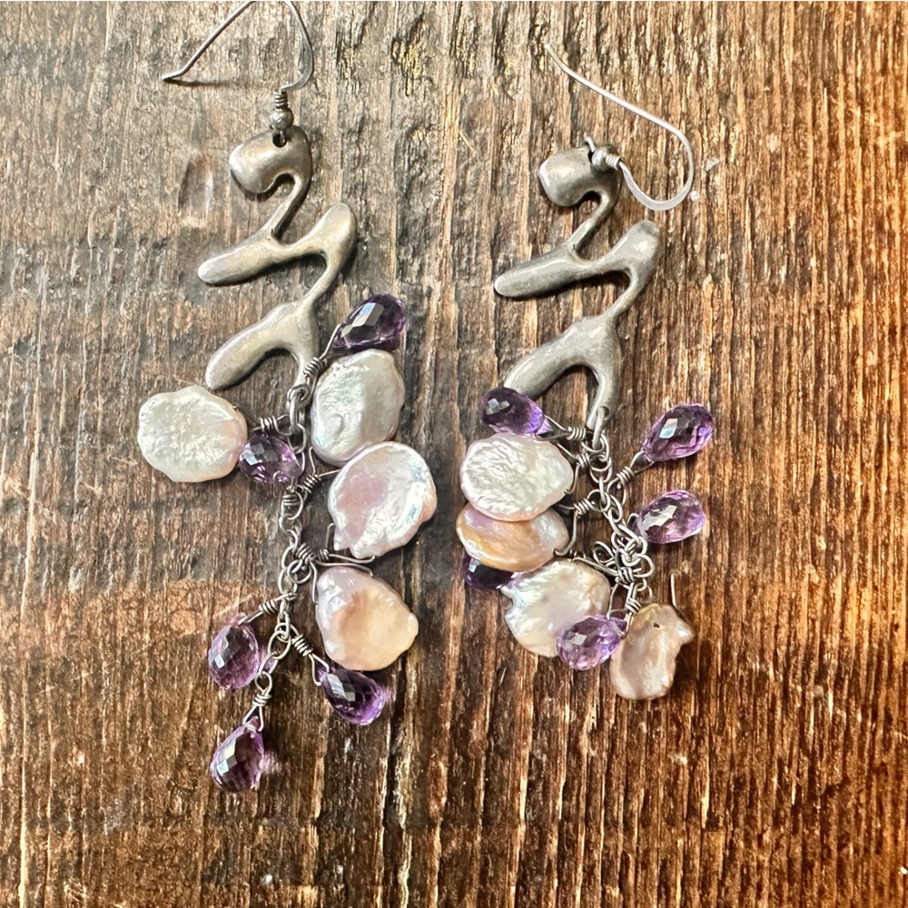 Elegant Pearl and Purple Stone Earrings